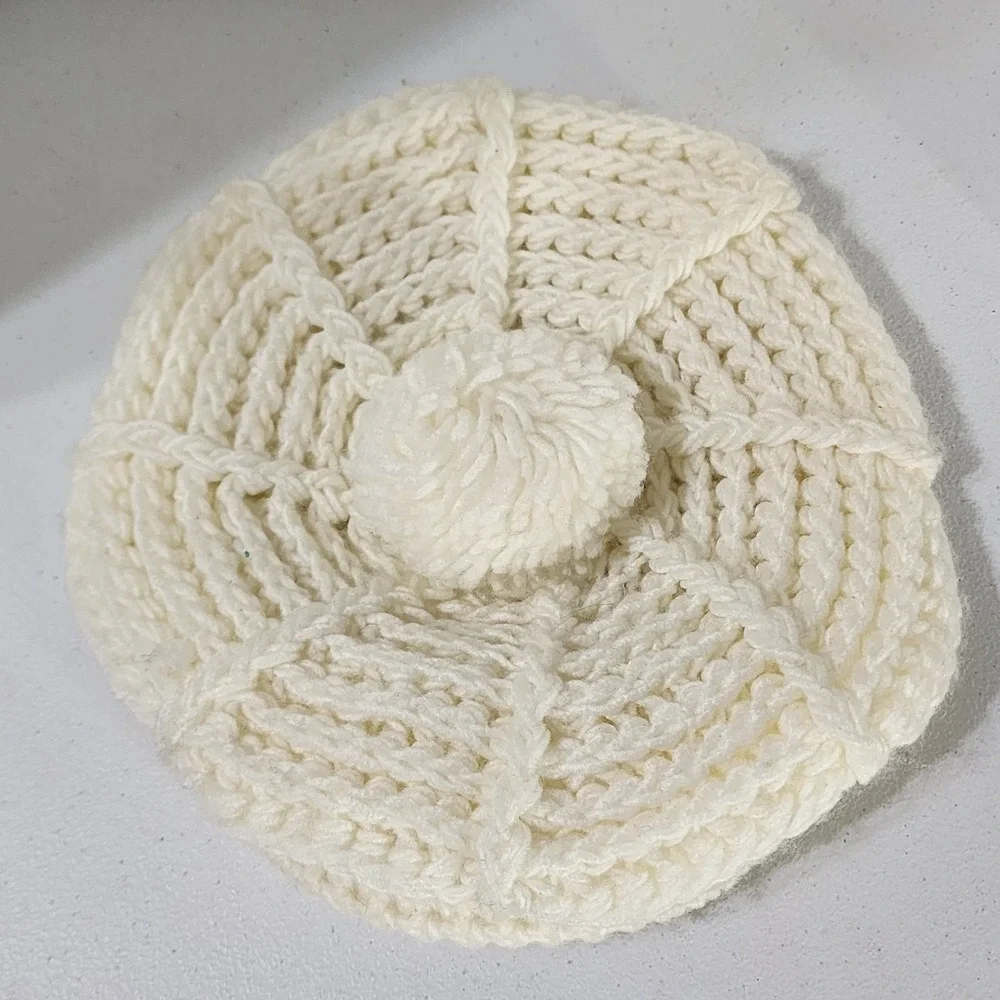 Vintage Hand Crochet Newsboy Cap Ivory White Pom Pom Knit Visor Hat Acrylic